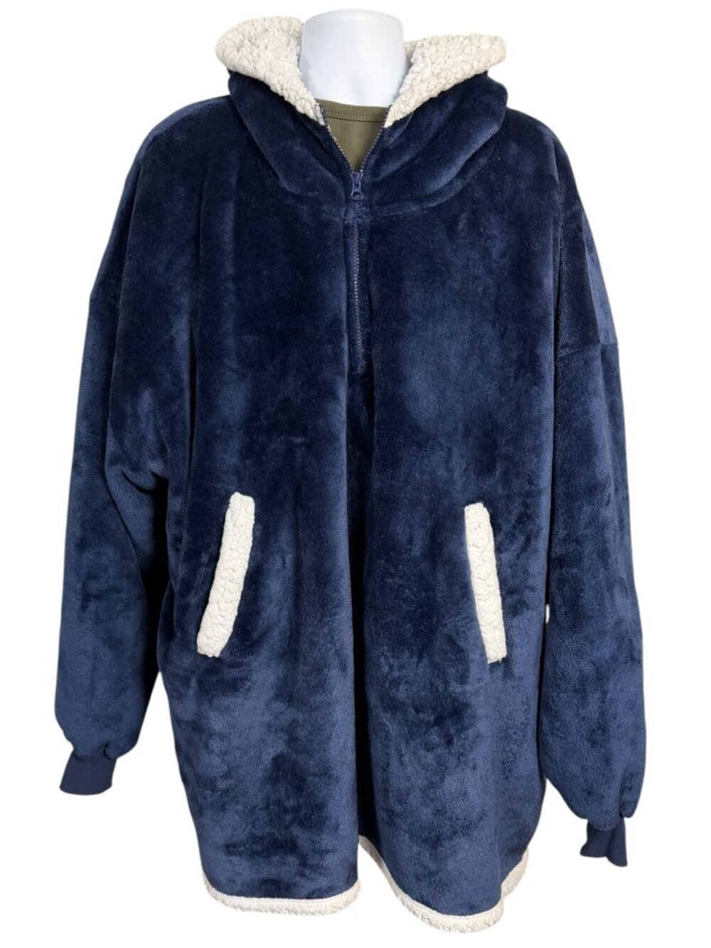 Unisex Oversized Wearable Blanket Hoodie Navy Blue Sherpa Lined 1/4 Zip